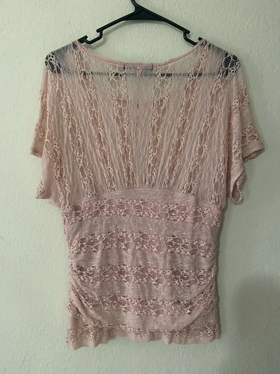 HeartSoul Y2K Darling Blush Pink Lace Short Sleeve Blouse - Picture 10 of 14